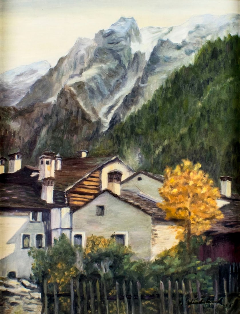 Vintage mid 20C European oil painting signed: ARTIST: - (Europe, mid 20 century) NAME: Mountain Town Scene YEAR: 1955 MEDIUM: oil on canvas CONDITION: Very good. No visible inpaint under UV light. SIGHT SIZE: 27 x