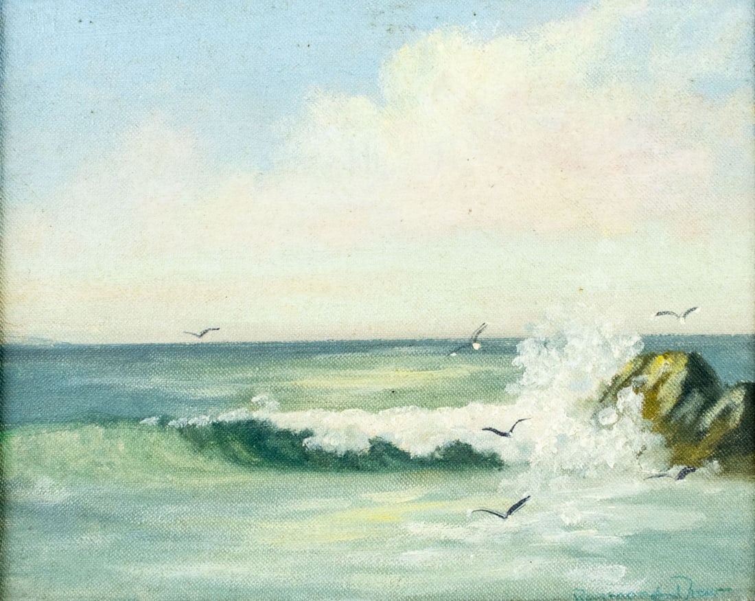 Adelbert Peter Drew (CA,IA,1884-1967) oil painting: ARTIST: Adelbert Peter Raymond Drew (California, Iowa, 1884 - 1967) TITLE: Seascape MEDIUM: oil on canvas board CONDITION: Very good. No visible inpaint under UV light. <