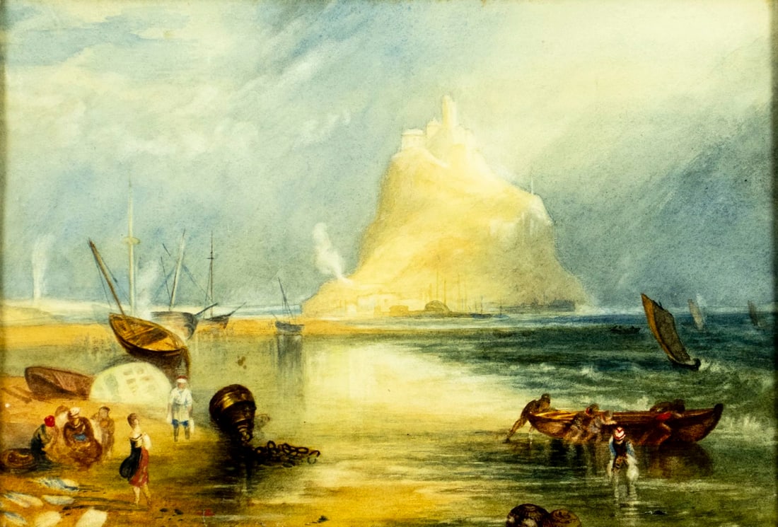 Antique 19C British watercolor painting: ARTIST: - (United Kingdom, 19 century) TITLE: Coastal Landscape MEDIUM: watercolor on paper CONDITION: One tear to the lower edge. Few minor paint losses. Some age toning. F