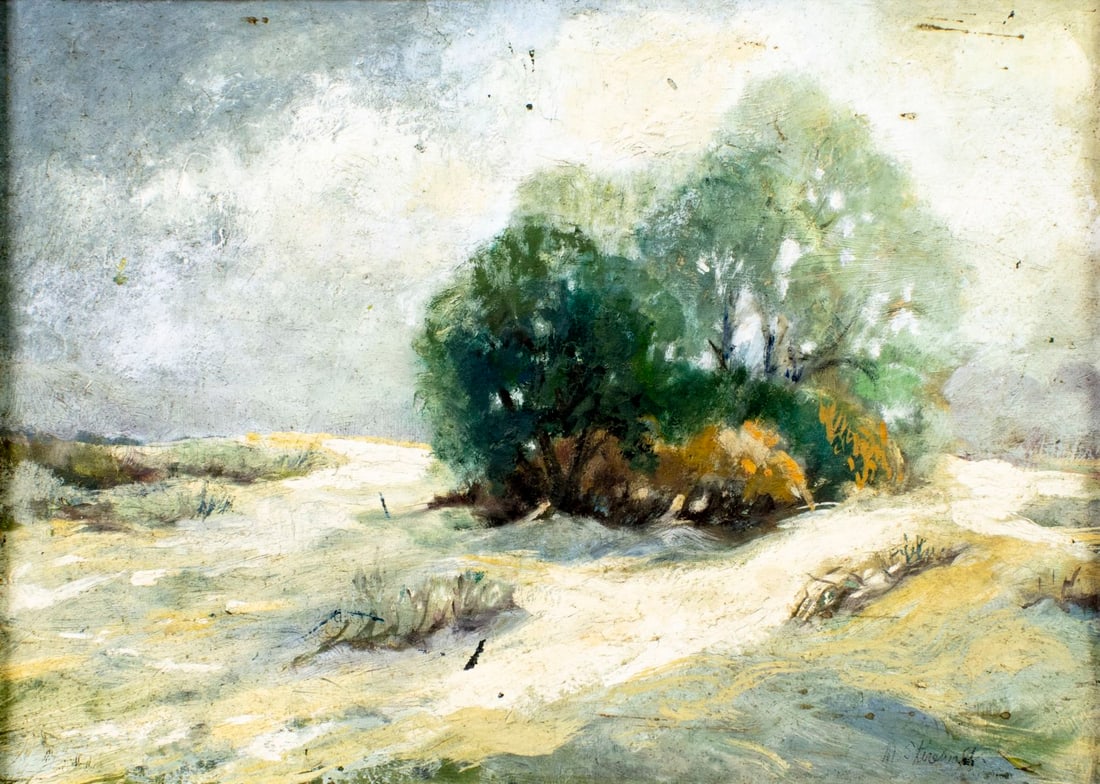 Vintage mid 20C American oil painting signed: ARTIST: - (American, mid 20 century) TITLE: Landscape with Sand Dunes MEDIUM: oil on board CONDITION: Some scratches/paint losses (see pictures carefully). Some craquelure.