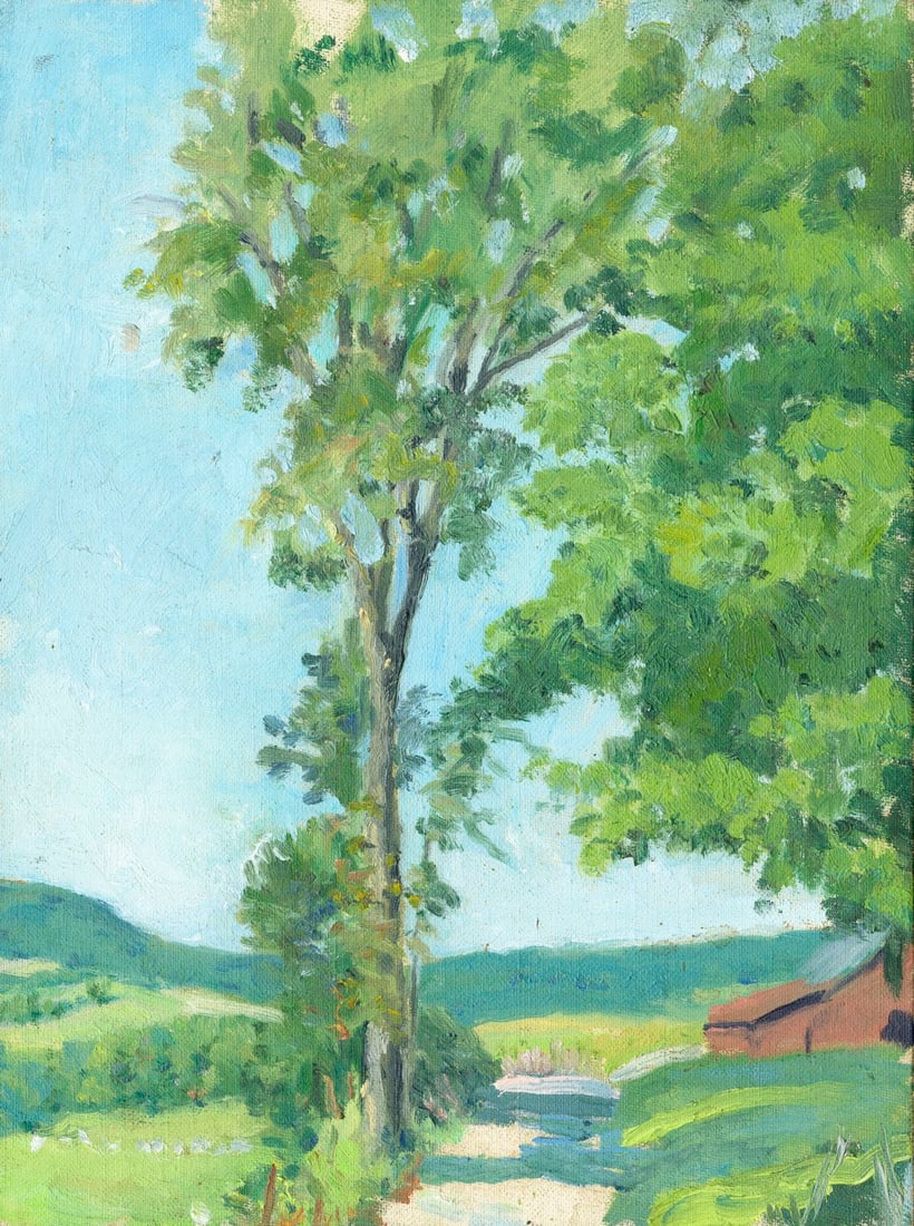 Helen DuMond (NY,CA,OR,1872-1968) oil painting: ARTIST: Helen Savier DuMond (New York, California, Oregon, 1872 - 1968) TITLE: Countryside Landscape with House MEDIUM: oil on canvas board CONDITION: Minor scratches/pain