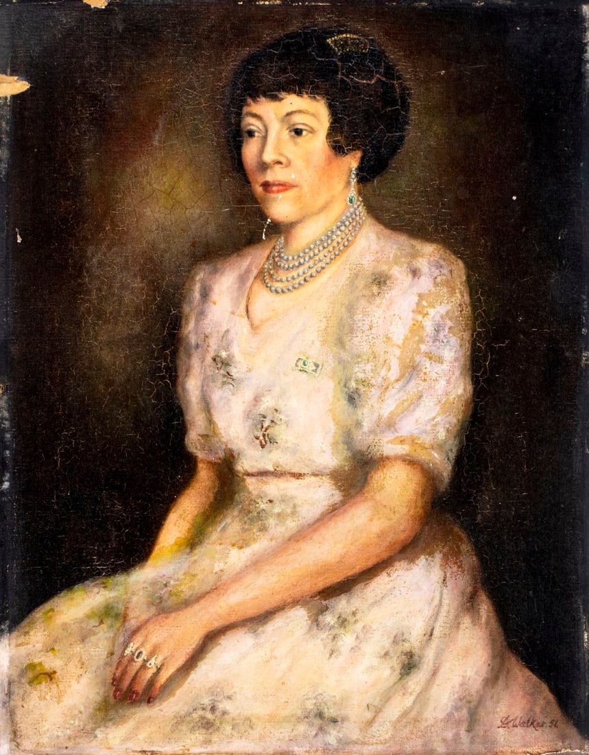 D Walker (US,mid 20C) oil painting: ARTIST: D Walker (American, mid 20 century) TITLE: Portrait of Woman with Pearl Necklace YEAR: 1956 MEDIUM: oil on canvas. Canvas applied to board. CONDITION: