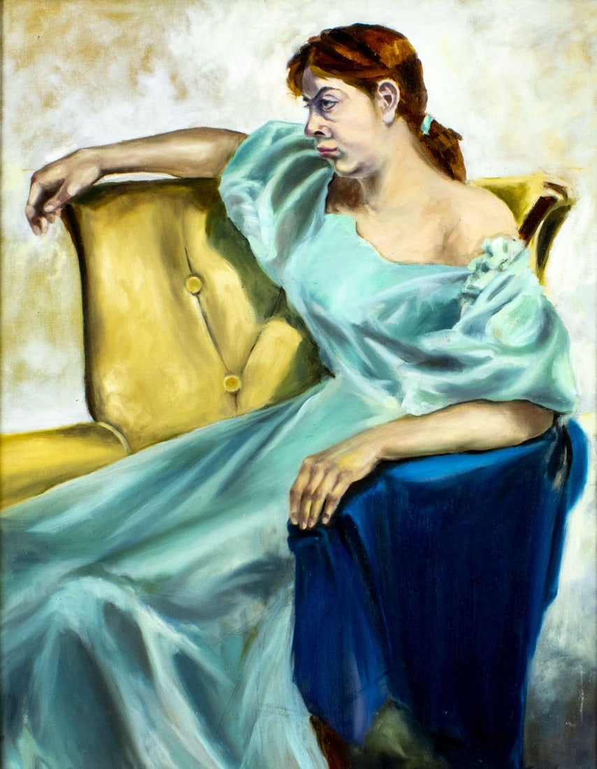 Alves (US,20C) oil painting: ARTIST: Alves (American, 20 century) TITLE: Portrait of Seated Woman YEAR: 1997 MEDIUM: oil on canvas board CONDITION: Few small scratches/paint losses.