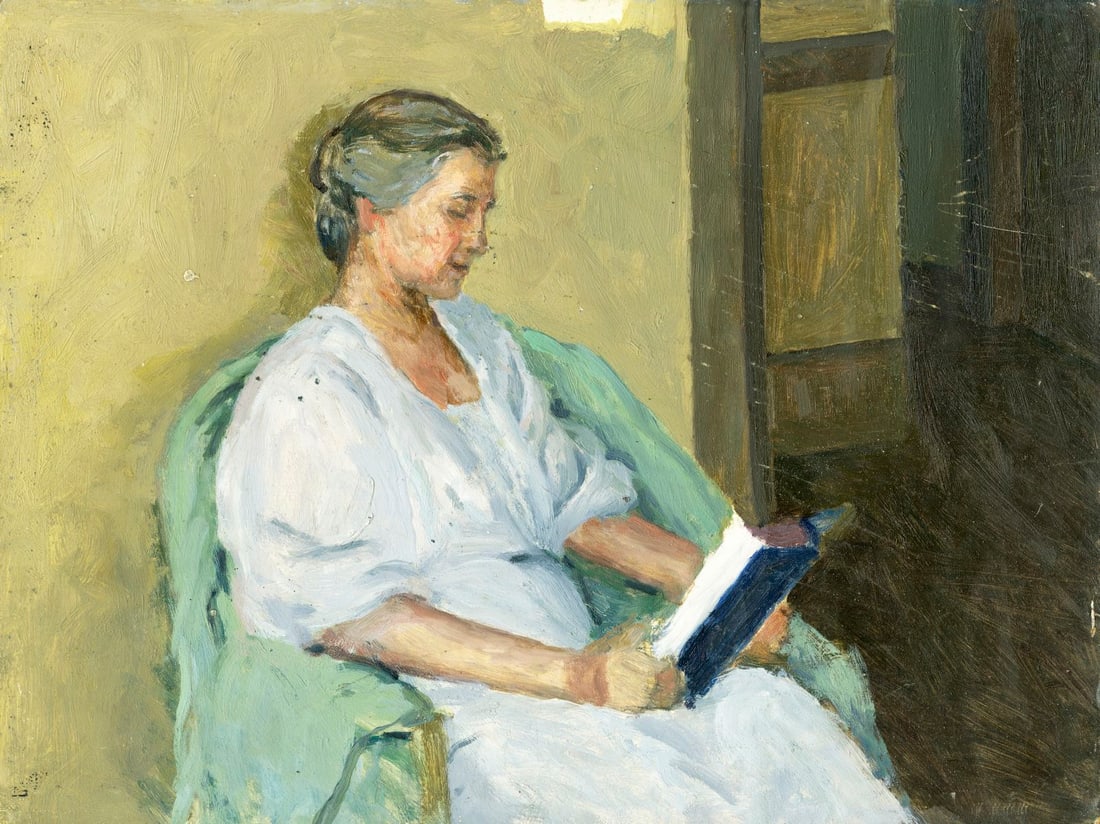 Helen DuMond (NY,CA,OR,1872-1968) oil painting: ARTIST: Helen Savier DuMond (New York, California, Oregon, 1872 - 1968) TITLE: Woman Reading Book MEDIUM: oil on board CONDITION: Minor damages to corners. Some small scra