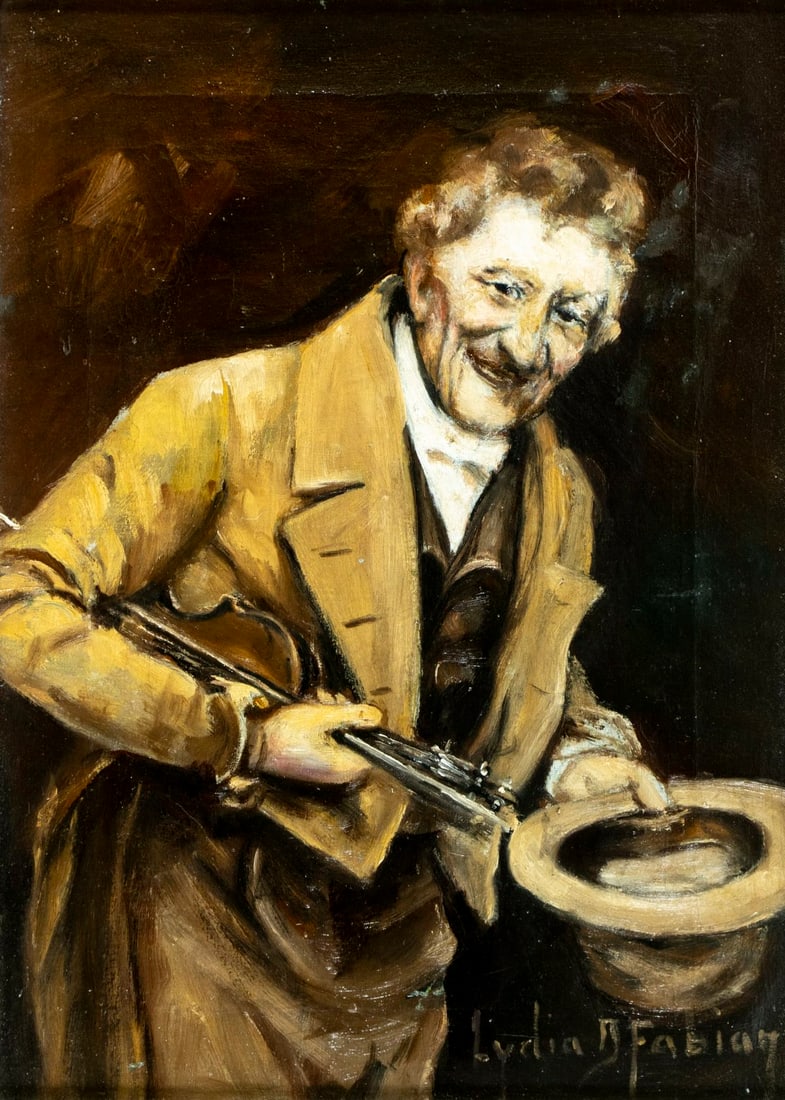 Lydia Dunham Fabian (IL,MI,NM,1857-1947) oil painting antique: ARTIST: Lydia Dunham Fabian (Illinois, Michigan, New Mexico, 1857 - 1947) TITLE: Portrait of Man with Violin MEDIUM: oil on canvas CONDITION: Some paint losses. Minor craq