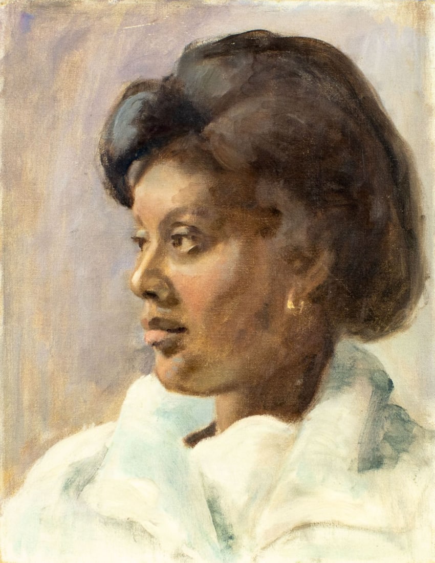 Pat Johnson (US,20C) oil painting: ARTIST: Pat Johnson (American, 20 century) TITLE: Portrait of Woman MEDIUM: oil on canvas CONDITION: Few minor scratches. No visible inpaint under UV light. ART S