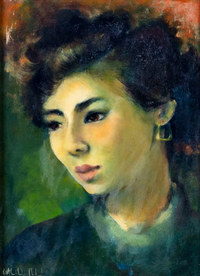 M Caldwell (US,20C) oil painting: ARTIST: M Caldwell (American, 20 century) TITLE: Portrait of Woman MEDIUM: oil on board CONDITION: Few scratches by the left edge. Some scattered inpaintings. Wear to frame.