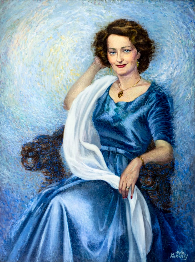 Nota Koslowsky (NY,Poland,1906-1972) oil painting: ARTIST: Nota Koslowsky (New York, Polish, 1906 - 1972) TITLE: Portrait of Woman - My Wife (titled on verso) MEDIUM: oil on canvas CONDITION: Overall good. No visible inpai