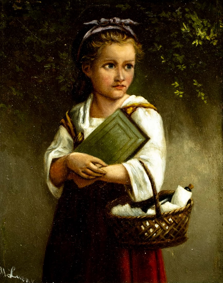 M Lucas (Europe,19C) oil painting antique: ARTIST: M Lucas (European, 19 century) TITLE: Portrait of Girl with Basket MEDIUM: oil on canvas CONDITION: Few minor paint losses. Minor craquelure. Few minor inpaintings a