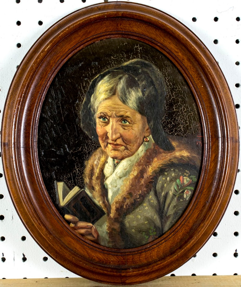 Gustav Adolph Hensel (WI,CA,1874-1953) oil painting: ARTIST: Gustav Adolph Hensel (Wisconsin, California, Africa, 1874 - 1953) NAME: Portrait of Old Woman with Book MEDIUM: oil on board CONDITION: Some craquelure. No visible inpaint under UV l