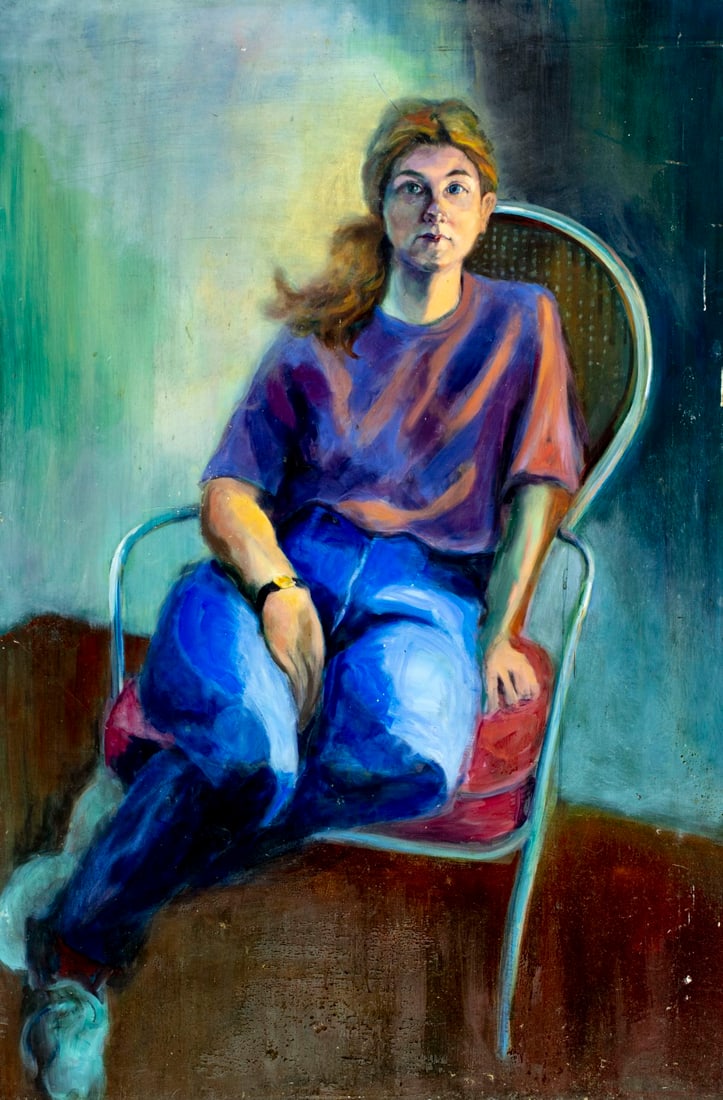 John Reilly (NY,NJ,1942-2021) oil painting: ARTIST: John Reilly (New York, New Jersey, 1942 - 2021) TITLE: Portrait of Woman MEDIUM: oil on canvas. Canvas applied to board. CONDITION: Some damages to the corners of