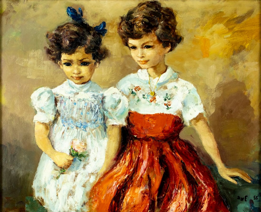 Marcel Dyf (France,1899-1985) oil painting: ARTIST: Marcel Dyf (French, 1899 - 1985) TITLE: La soeurs YEAR: 1955 MEDIUM: oil on canvas CONDITION: Some paint losses. Minor craquelure. No visible i