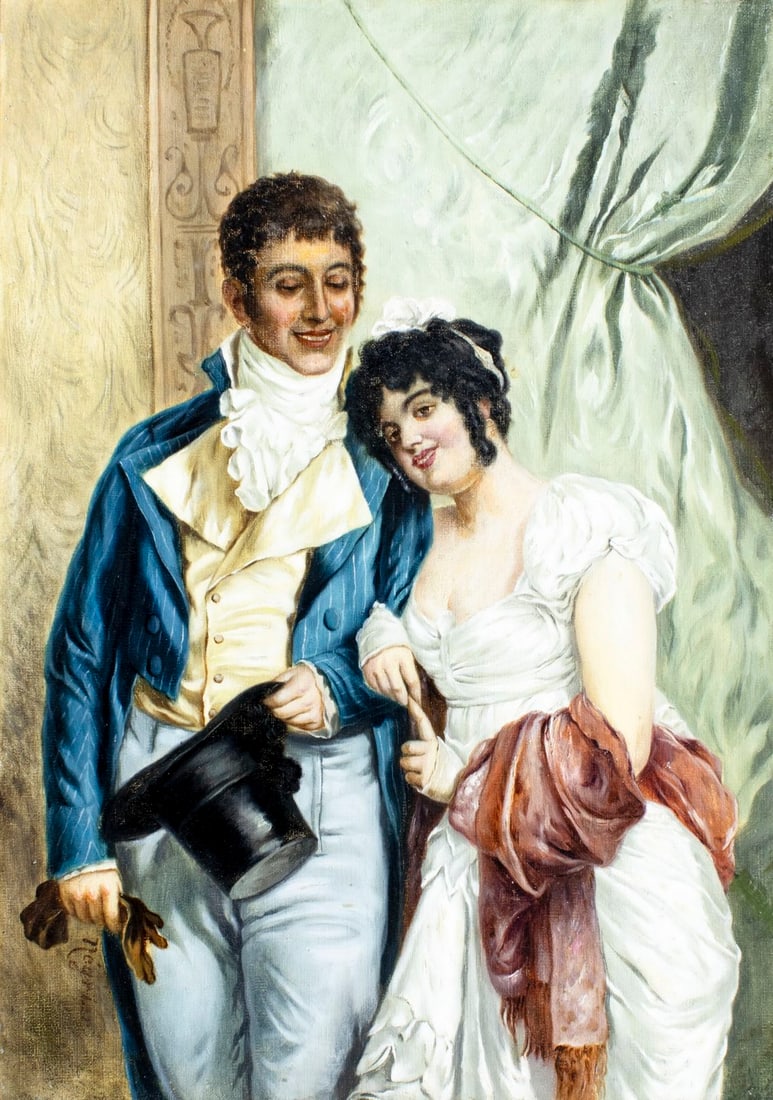 Negrier (Europe,19C) oil painting antique: ARTIST: Negrier (European, 19 century) TITLE: Portrait of Couple MEDIUM: oil on canvas CONDITION: Relined. Few minor paint losses. Minor craquelure. Some scattered inpaintin