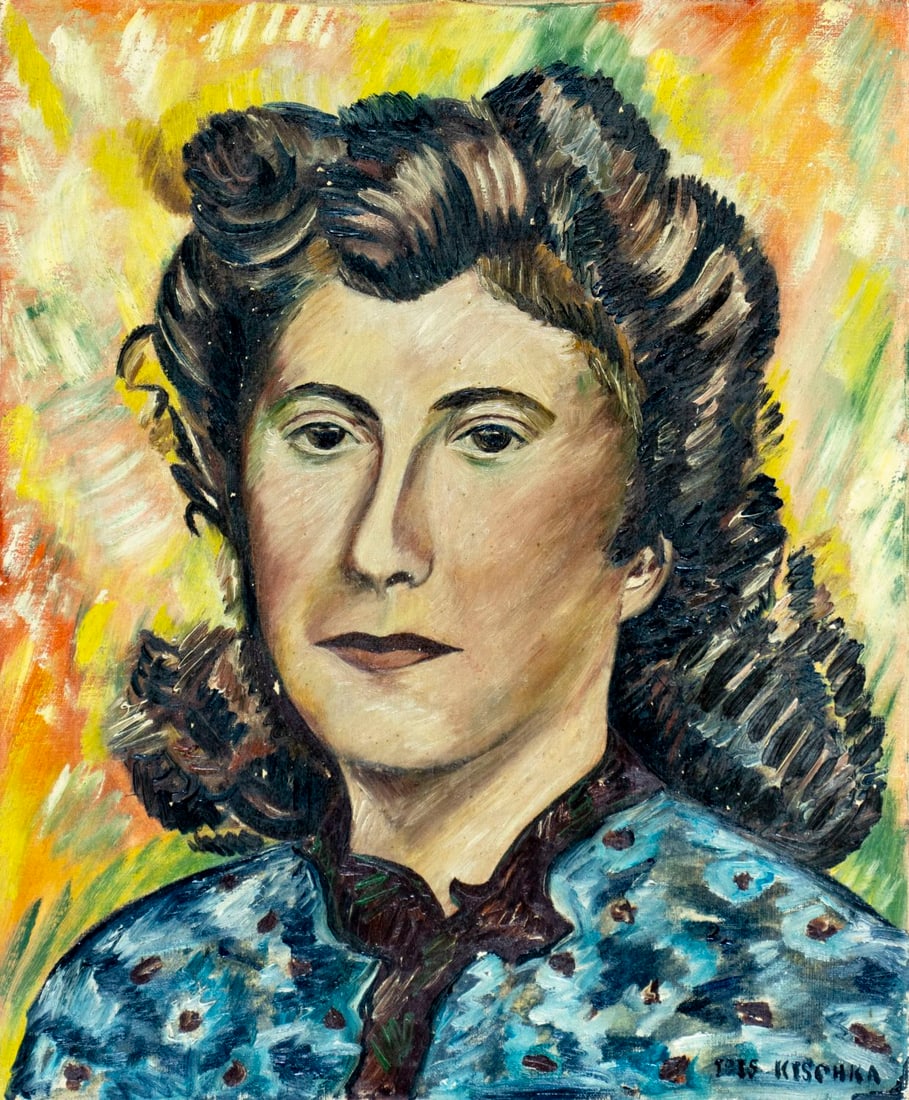 Isis Kischka (France,1908-1974) oil painting: ARTIST: Isis Kischka (French, 1908 - 1974) TITLE: Portrait of Woman MEDIUM: oil on canvas CONDITION: Some small damages to the corners of canvas. Minor paint losses. Some