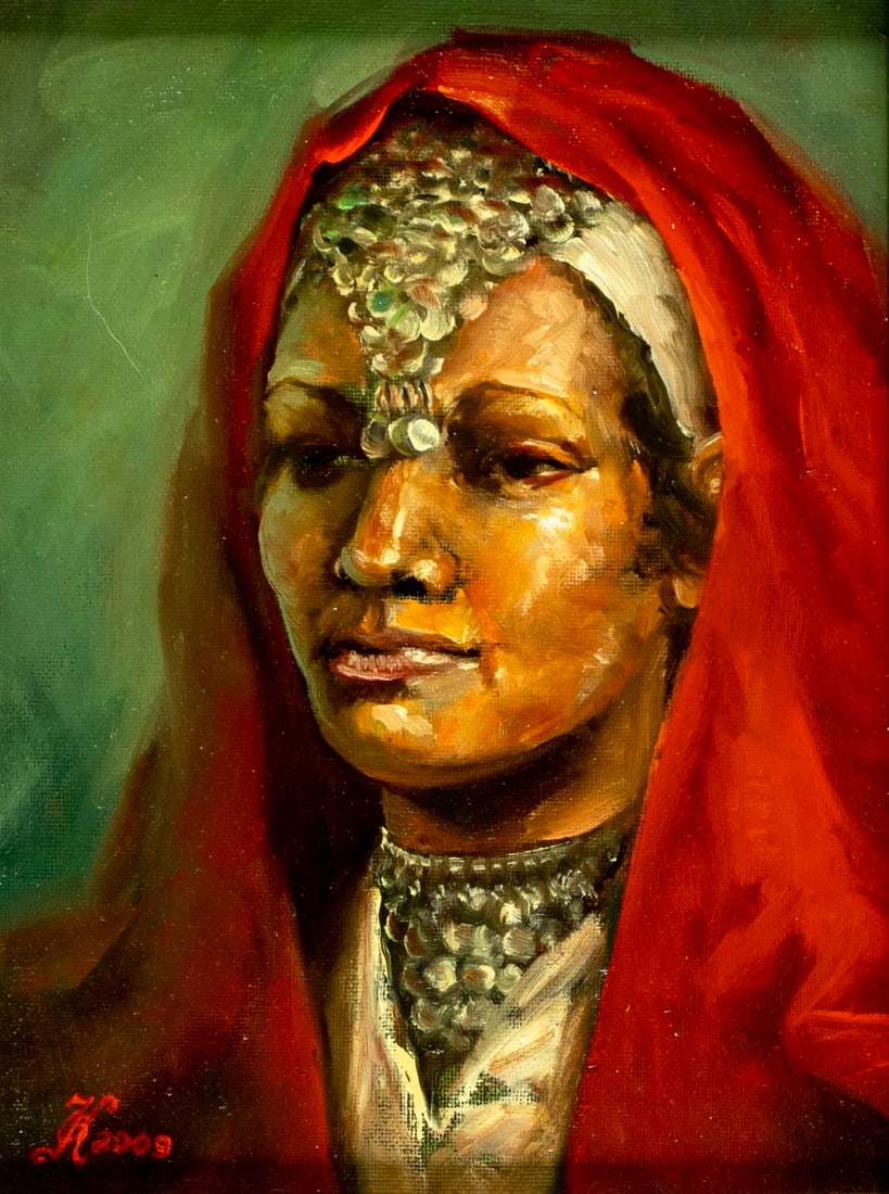 Olga Karpeisky (Russia,CO,20/21C) oil painting: ARTIST: Olga Karpeisky (Russian, Colorado, 20/21 centuries) TITLE: Portrait of Woman - Outlandish Decoration (titled on verso) YEAR: 2009 MEDIUM: oil on canvas. Canvas appli