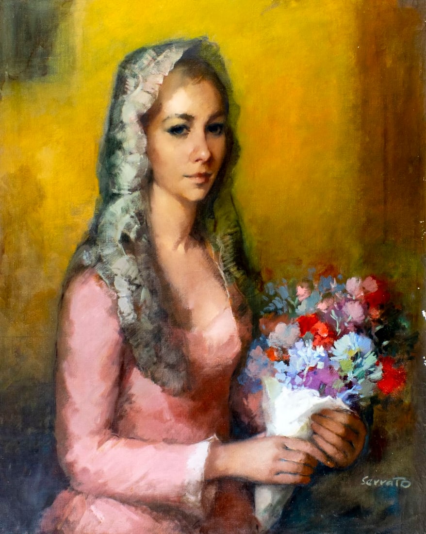Ruggero Serrato (Italy,1898-?) oil painting: ARTIST: Ruggero Serrato (Italian, 1898 - ???) TITLE: Portrait of Woman with Flower Bouquet MEDIUM: oil on canvas CONDITION: Unstretched (In-House stretching available) (In