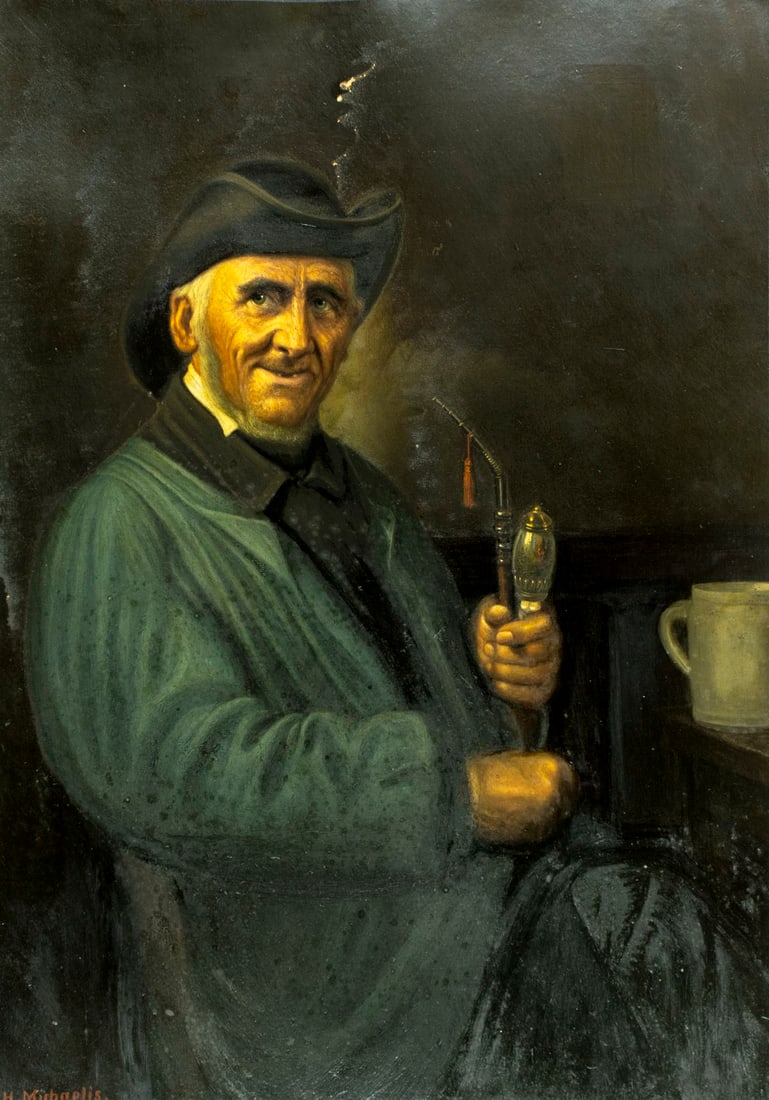 Heinrich Michaelis (German,1837-c1915) oil painting antique: ARTIST: Heinrich Georg Michaelis (Germany, 1837 - c.1915) TITLE: Portrait of Old Man with Pipe YEAR: 1911 MEDIUM: oil on board CONDITION: Some damage to