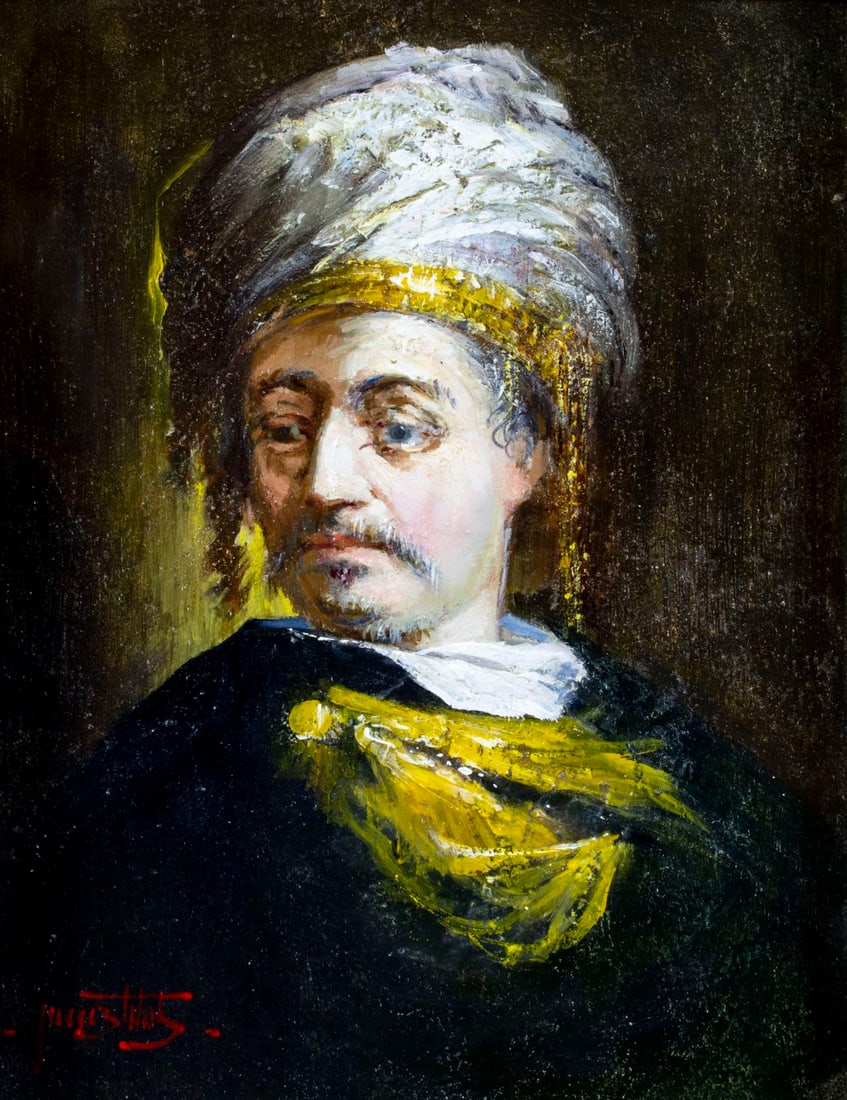 Janos Toth (Hungary,VA,20C) oil painting: ARTIST: Janos Toth (Hungarian, Virginia, 20 century) TITLE: Portrait of Oriental Man MEDIUM: oil on board CONDITION: Very good. No visible inpaint under UV light.
