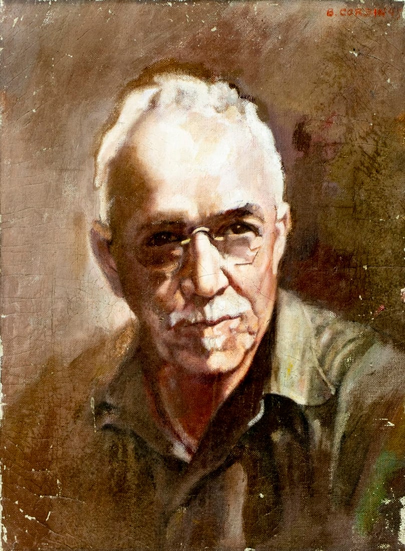 B Corbin (US,mid 20C) oil painting antique: ARTIST: B Corbin (American, mid 20 century) TITLE: Portrait of Man YEAR: 1945 MEDIUM: oil on canvas CONDITION: Some scratches/paint losses. Some craquelu