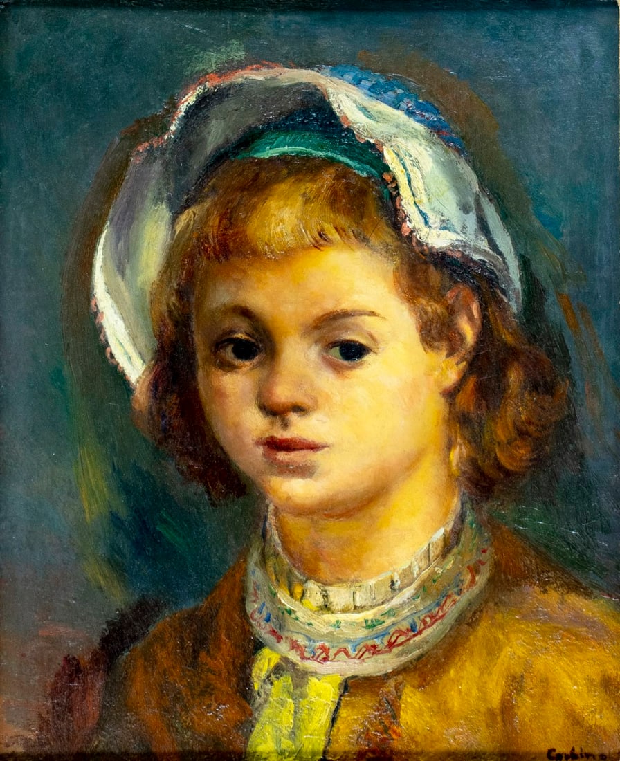 Jon Corbino (NY,MA,1905-1964) oil painting: ARTIST: Jon Corbino (New York, Massachusetts, 1905 - 1964) TITLE: Portrait of Girl in Bonnet MEDIUM: oil on board CONDITION: Missing a few flakes of paint. No visible inpa
