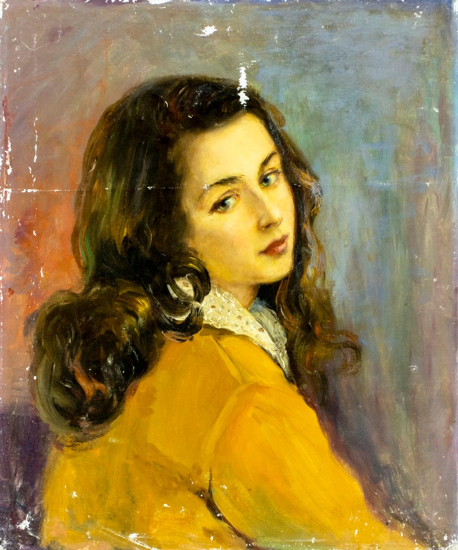 Vintage mid 20C Russian oil painting: ARTIST: - (Russia, mid 20 century) TITLE: Portrait of Young Woman MEDIUM: oil on canvas CONDITION: Some scratches/paint losses. Minor craquelure. No visible inpaint under UV