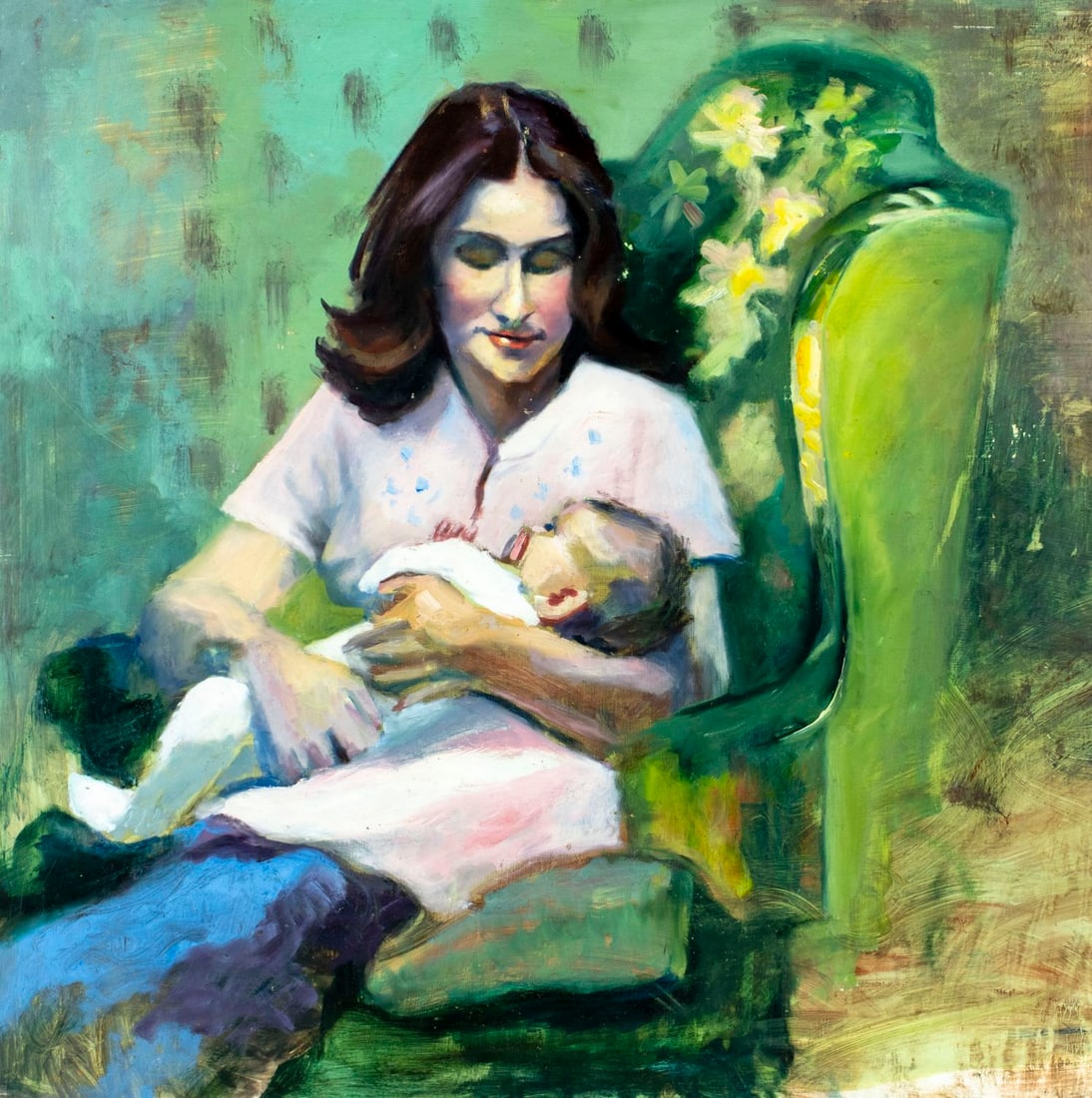 John Reilly (NY,NJ,1942-2021) oil painting: ARTIST: John Reilly (New York, New Jersey, 1942 - 2021) TITLE: Mother and Child MEDIUM: oil on board CONDITION: Minor damages to the left corners. Some small scratches. No