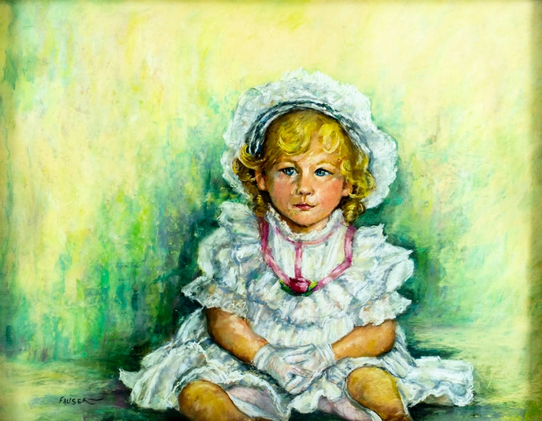 Florence Fauser (NY,mid 20C) pastel painting: ARTIST: Florence Fauser (New York, mid 20 century) TITLE: Portrait of Girl MEDIUM: pastel on paper CONDITION: Few minor paint losses. Very minor age toning. Framed under gla