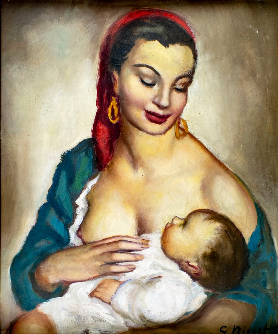 Georgette Nivert (France,1900-?) oil painting: ARTIST: Georgette Nivert (French, 1900 - ???) TITLE: Portrait of Mother and Child MEDIUM: oil on board CONDITION: Some warping. Few vertical surface cracks. Some small pai