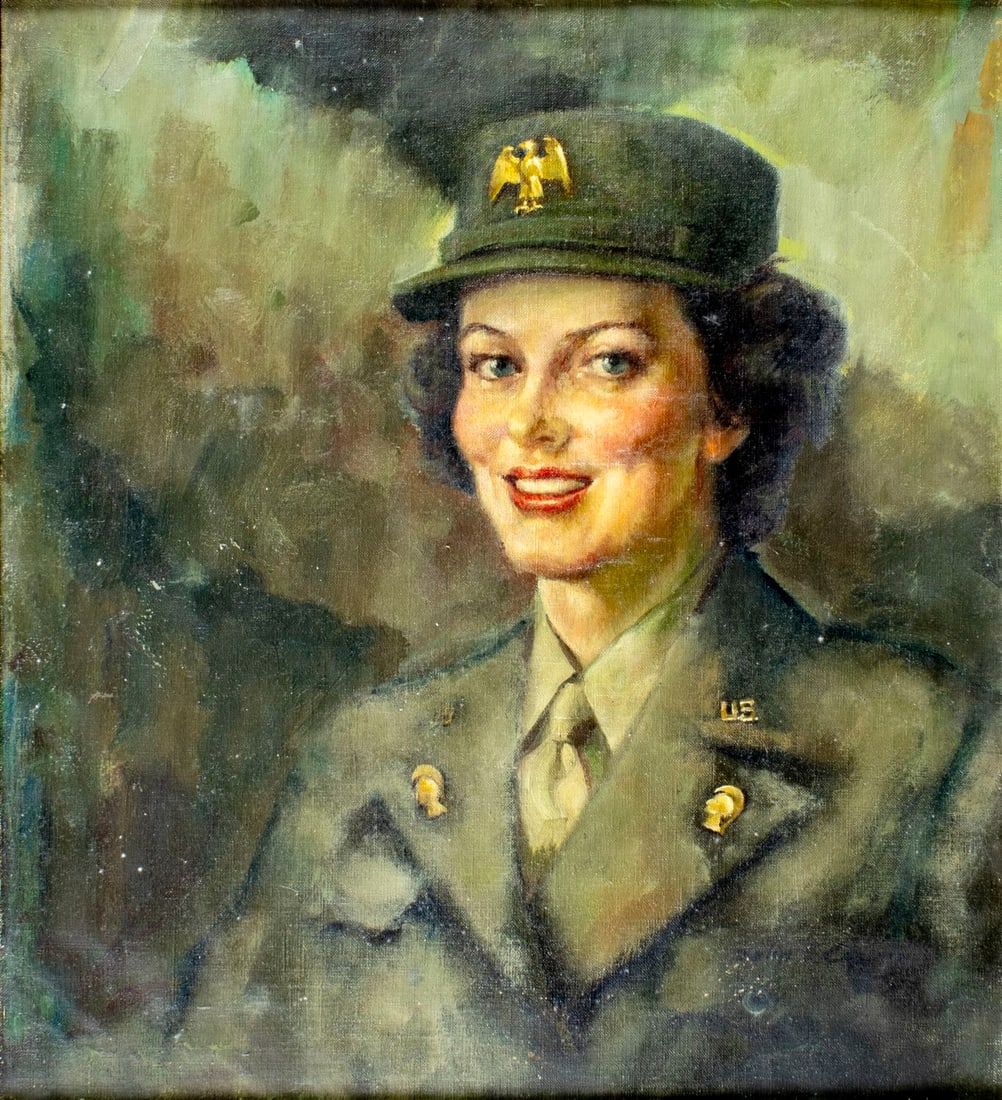 John Coppin (MI,Ontario,1904-1986) oil painting: ARTIST: John Stevens Coppin (Michigan, Ontario, 1904 - 1986) TITLE: Portrait of Sydney Coppin In Uniform MEDIUM: oil on canvas board CONDITION: Some flaking/paint losses (se