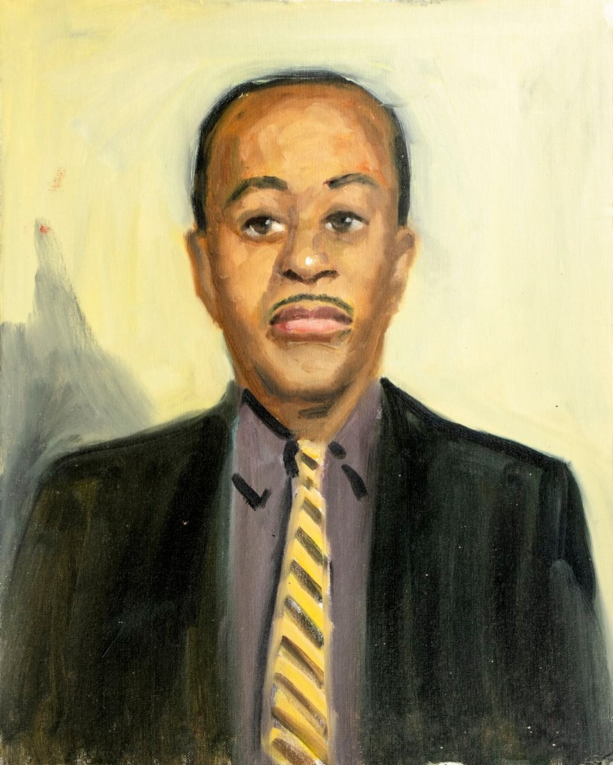 George Holloway (NJ,20C) oil painting: ARTIST: George R Holloway (New Jersey, 20 century) TITLE: Portrait of Man MEDIUM: oil on canvas board CONDITION: Some small damage to lower right corner. No visible inpaint