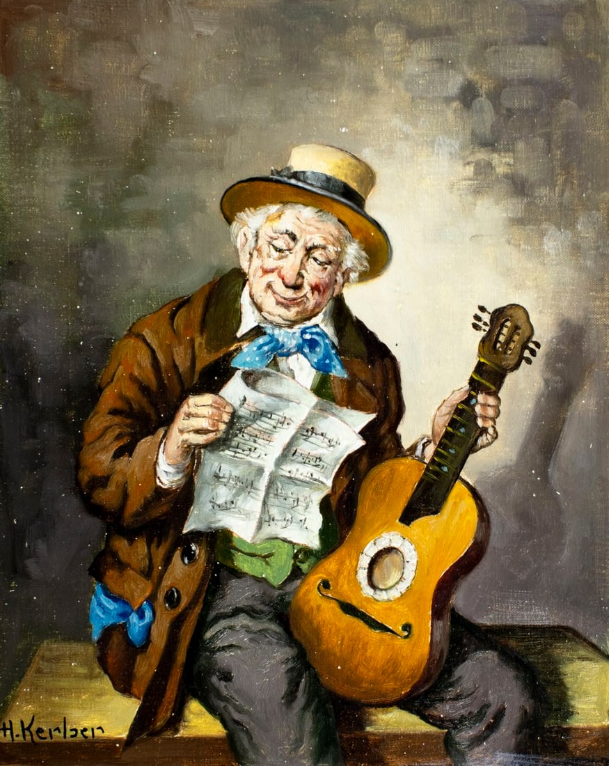 Hans Kerber (Austria,1920-?) oil painting: ARTIST: Hans Kerber (Austrian, 1920 - ???) TITLE: Old Man with Guitar MEDIUM: oil on canvas CONDITION: Unstretched (In-House stretching available) (In-House stretching ava