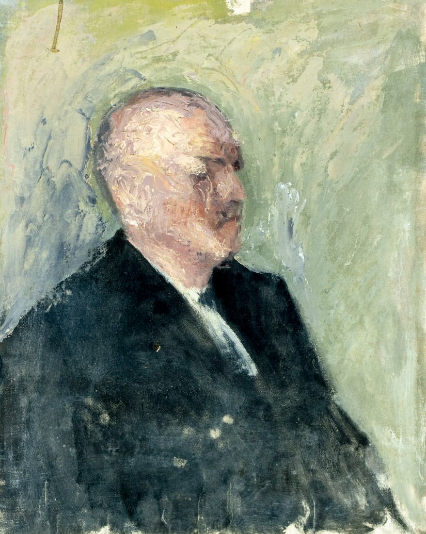 Helen DuMond (NY,CA,OR,1872-1968) oil painting: ARTIST: Helen Savier DuMond (New York, California, Oregon, 1872 - 1968) TITLE: Portrait of Man MEDIUM: oil on canvas board CONDITION: Some drip marks. Some scratches/paint