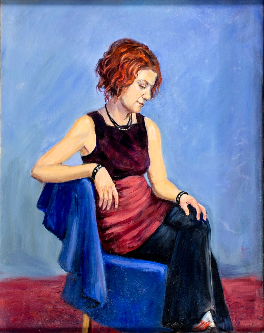 Loyce Moskow (IL,1928-2015) oil painting: ARTIST: Loyce Moskow (Illinois, 1928 - 2015) TITLE: Portrait of Anka in Repose (titled on stretcher) MEDIUM: oil on canvas CONDITION: Few faint scratches. No visible inpaint