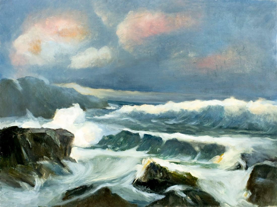 Sandy Faland Spitzer (NY,20/21C) oil painting: ARTIST: Sandy Spitzer (New York, 20/21 centuries) TITLE: Sunset Seascape MEDIUM: oil on canvas CONDITION: Overall good. No visible inpaint under UV light. Normal wear along