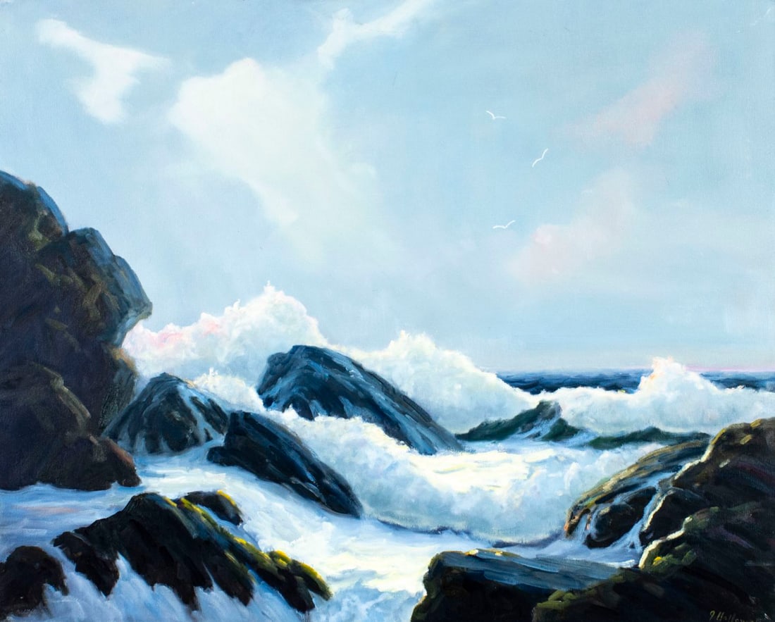 George Holloway (NJ,20C) oil painting: ARTIST: George Holloway (New Jersey, 20 century) TITLE: Sunset Seascape MEDIUM: oil on canvas CONDITION: Few minor paint losses. No visible inpaint under UV light.