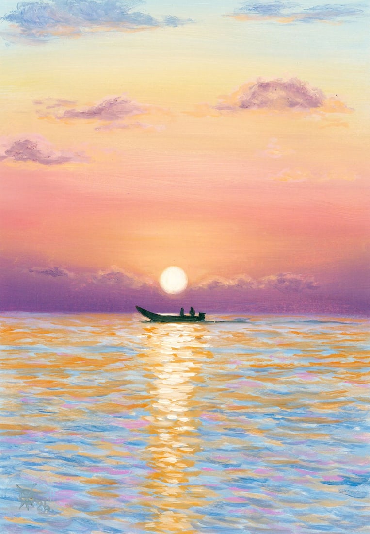 Oleksandr Pukhno (Ukraine,20/21C) oil painting: ARTIST: Oleksandr Pukhno (Ukraine, 20/21 centuries) TITLE: Sunset Seascape with Boat MEDIUM: oil on heavy paper CONDITION: Very good. No visible inpaint under UV light. <