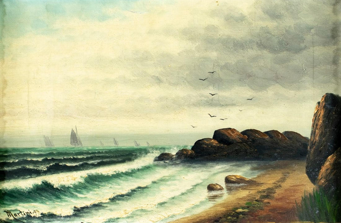 Martini (US,19/20C) oil painting antique: ARTIST: Martini (American, 19/20 centuries) TITLE: Seascape with Sailboats YEAR: 1903 MEDIUM: oil on canvas CONDITION: Some scratches/paint losses mostly