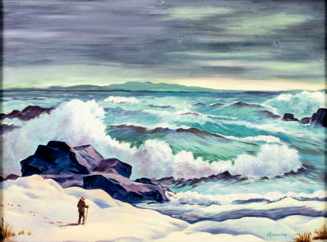 Claramae Scarnecchia (OH,20C) oil painting: ARTIST: Claramae Scarnecchia (Ohio, 20 century) TITLE: Seascape MEDIUM: oil on canvas CONDITION: Few small paint losses. No visible inpaint under UV light. ART SI