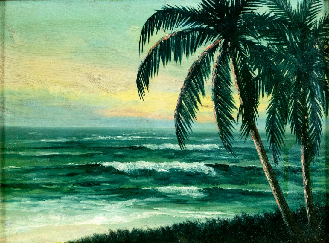 Vintage 20C Florida oil painting: ARTIST: - (Florida, 20 century) TITLE: Seascape - Sunset on The Gulf, FL (titled on verso) MEDIUM: oil on board CONDITION: Some paint losses mostly along the right edge. N