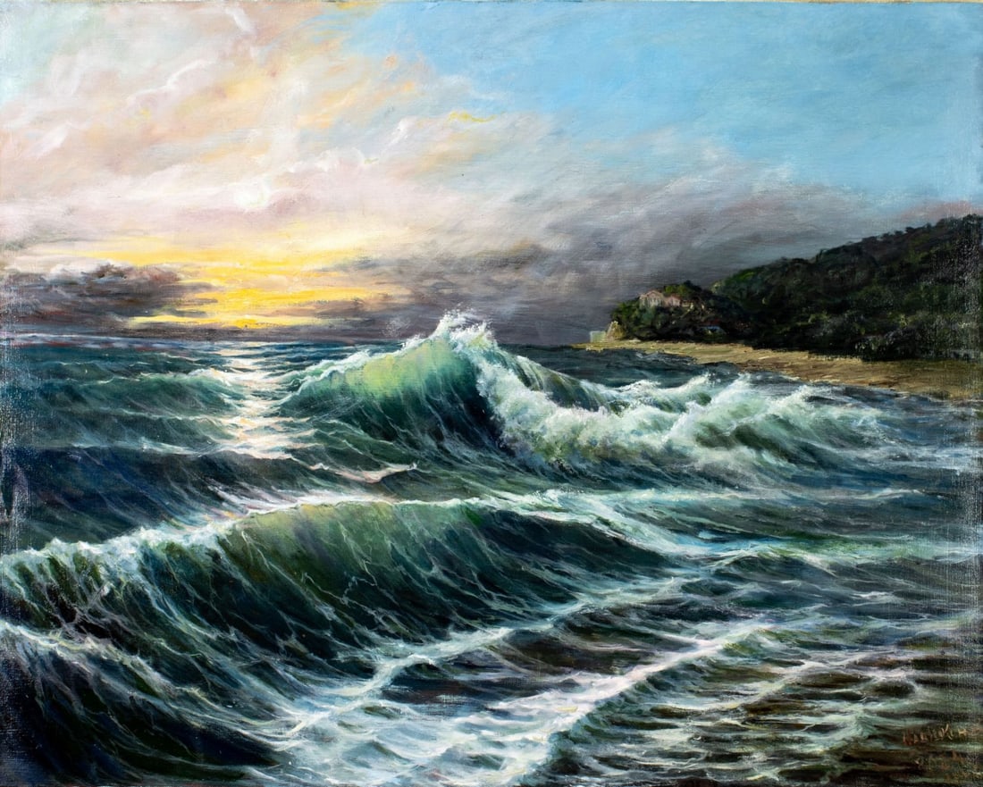 Viktor Ilyushkin (Russia,b 1946) oil painting: ARTIST: Viktor Nikolayevich Ilyushkin (Russian, born 1946) TITLE: Sunset Seascape MEDIUM: oil on canvas CONDITION: Unstretched (In-House stretching available) (In-House stre