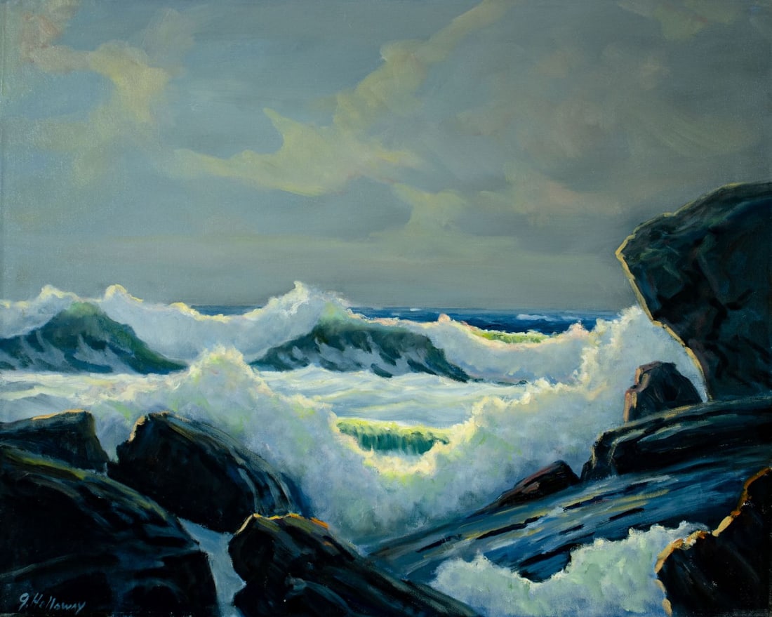 George Holloway (NJ,20C) oil painting: ARTIST: George Holloway (New Jersey, 20 century) TITLE: Stormy Seascape MEDIUM: oil on canvas CONDITION: One small paint loss by the upper right corner. No visible inpaint u