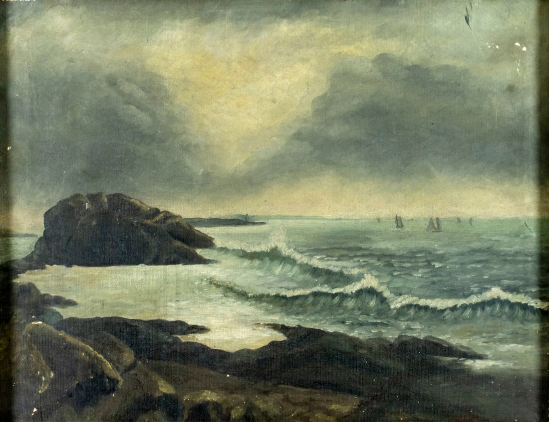 E F Fowler (US,19C) oil painting antique: ARTIST: E F Fowler (American, 19 century) TITLE: Seascape with Sailboats MEDIUM: oil on canvas CONDITION: Some scratches/paint losses mostly along edges. Minor craquelure. N