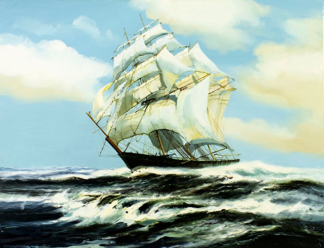 James Blade (UK,20C) oil painting: ARTIST: James Blade (United Kingdom, 20 century) TITLE: Sail Ship MEDIUM: oil on canvas CONDITION: Unstretched (In-House stretching available) (In-House stretching available