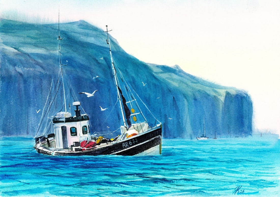 Yana Karpenko (Ukraine,20/21C) watercolor painting: ARTIST: Yana Karpenko (Ukraine, 20/21 centuries) TITLE: Seascape with Fishing Boat MEDIUM: watercolor on heavy paper CONDITION: Very good. ART SIZE: 9 x