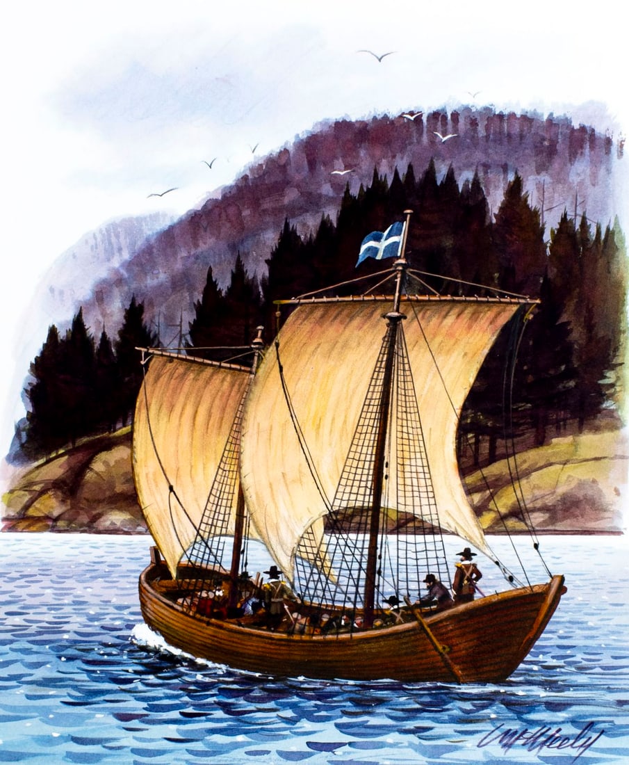 Tom McNeely (Canada,1935-?) mixed media painting: ARTIST: Tom McNeely (Canadian, 1935 - ???) TITLE: Samuel de Champlain YEAR: 2006 MEDIUM: mixed media on board CONDITION: Very good. No visible inpaint