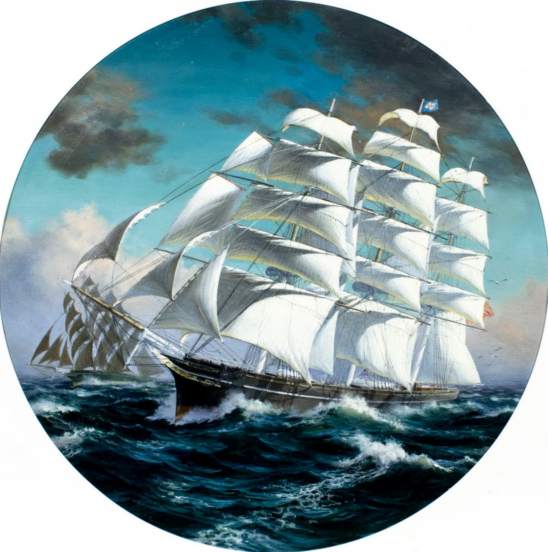 Leonard John Pearce (UK,1932-2019) oil painting: ARTIST: Leonard John Pearce (United Kingdom, 1932 - 2019) TITLE: Cutty Sark Sail Ship in Race with Thermopylae (titled on verso) YEAR: 1983 MEDIUM: oil on board