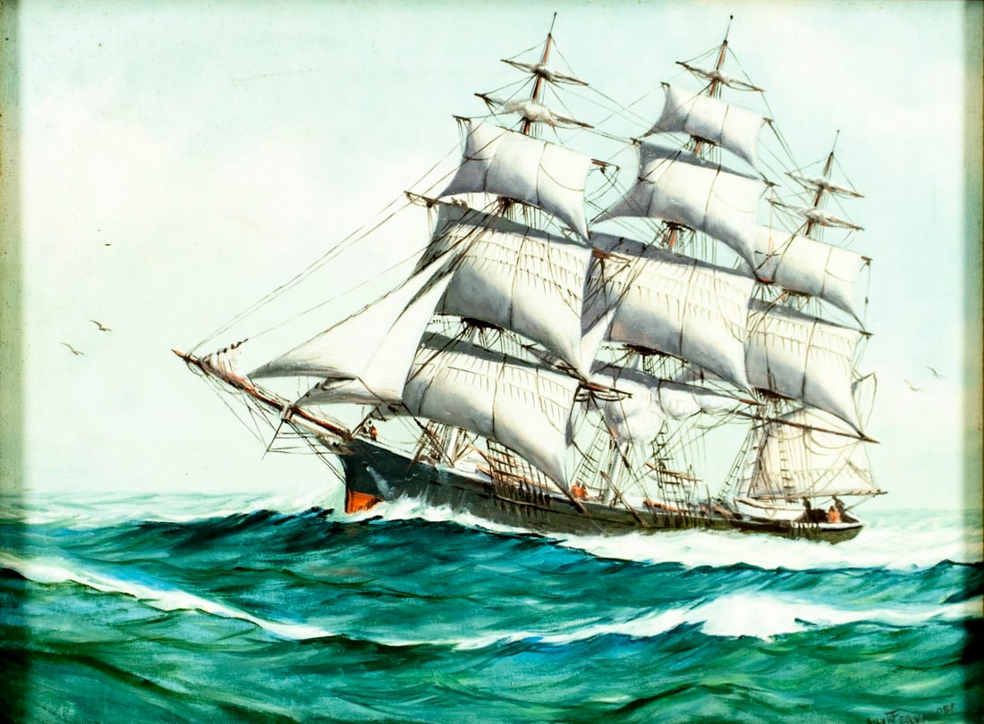 Humberto de Silva Fernandes (MA,Brazil,1937-2005) oil painting: ARTIST: Humberto de Silva Fernandes (Massachusetts, Brazilian, 1937 - 2005) TITLE: Sail Ship at Sea MEDIUM: oil on canvas CONDITION: Minor staining in the upper left quadran