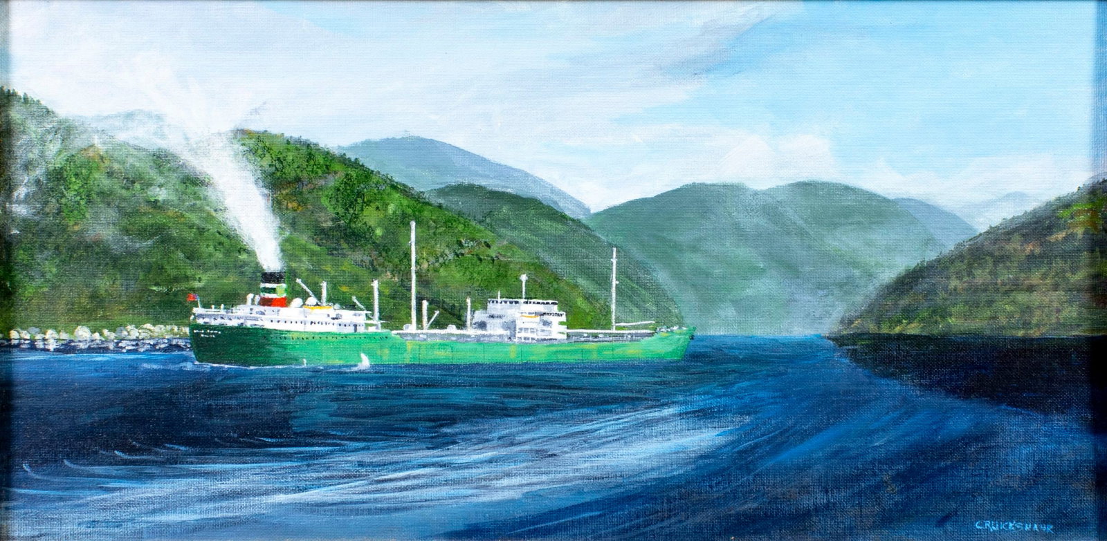 Bud Cruickshank (US,20C) acrylic painting: ARTIST: Bud Cruickshank (American, 20 century) TITLE: Steamship - British Soldier MEDIUM: acrylic on canvas board CONDITION: Very good. No visible inpaint under UV light.