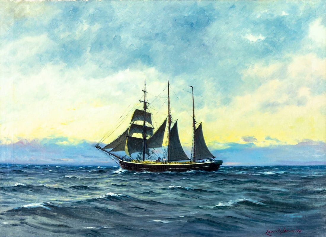 Laurite Jorensen (Europe,mid 20C) oil painting: ARTIST: Laurite Jorensen (European, mid 20 century) TITLE: Seascape with Sail Ship MEDIUM: oil on canvas CONDITION: Minor craquelure. Few minor inpaintings. ART S