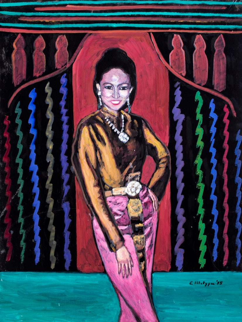 Evelyn Metzger (NY,Brazil,1911-2007) oil painting: ARTIST: Evelyn Borchard Metzger (New York, Brazilian, 1911 - 2007) TITLE: Thai Mallika, Thailand (titled on verso) YEAR: 1995 MEDIUM: oil on board CONDITION: